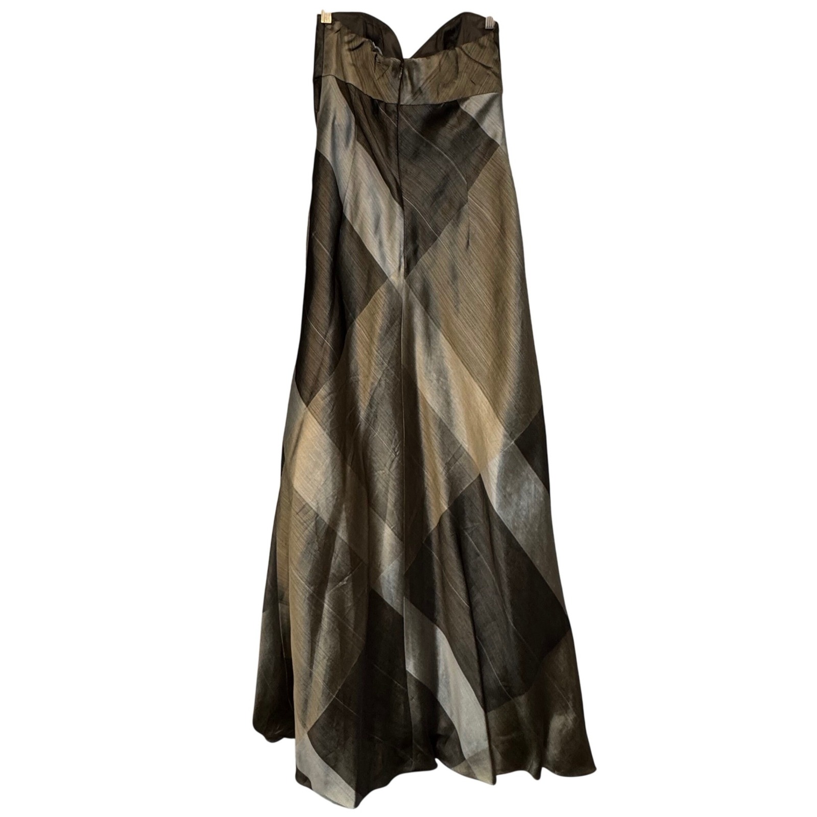 Kay Unger New York Metallic Plaid Strapless Evening Gown Bronze Silver Size 10